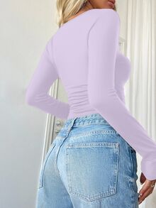 SHEIN 女士休闲纯色修身长袖T恤 - 紫色 - 查看 2