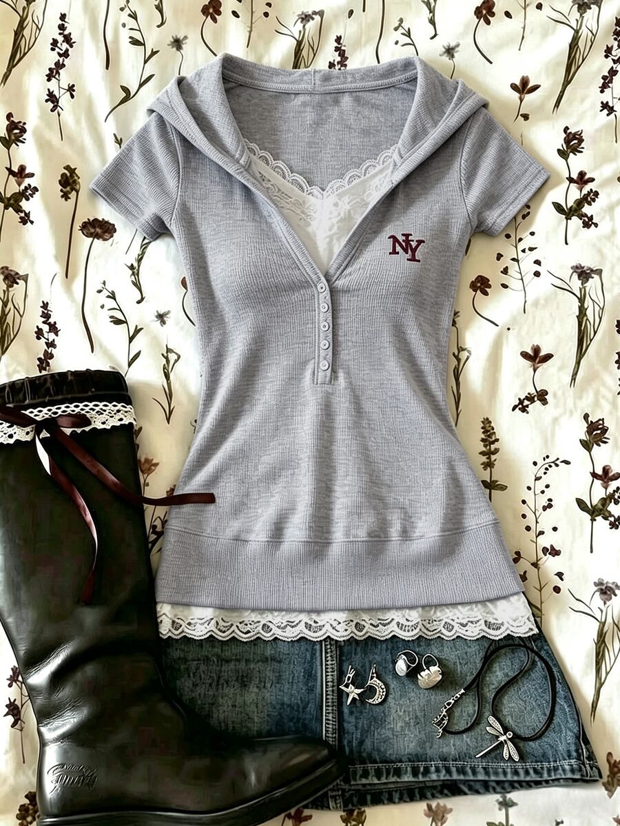 IslaSuriya Womens Y2K Short Sleeve Hoodie Slim Fit Ribbed Knit Henley Neck Sweatshirt Retro NY Embroidered Casual Tops With Pocket - Grey - View 1