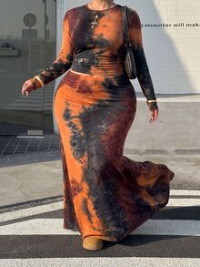 Muchica Casual Plus Size Women's Tie-Dye Long Sleeve T-Shirt And Skirt Set Fall - Multicolor - View 3