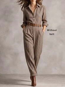 Trelyra Women's Plaid Pleated Casual Versatile Everyday Jumpsuit - Apricot - View 1