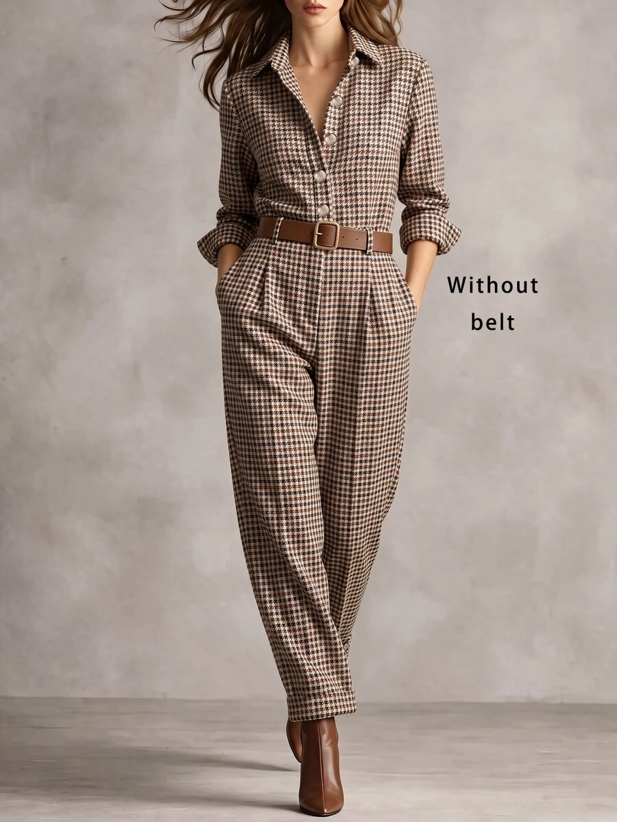 Trelyra Women's Plaid Pleated Casual Versatile Everyday Jumpsuit - Apricot - View 1