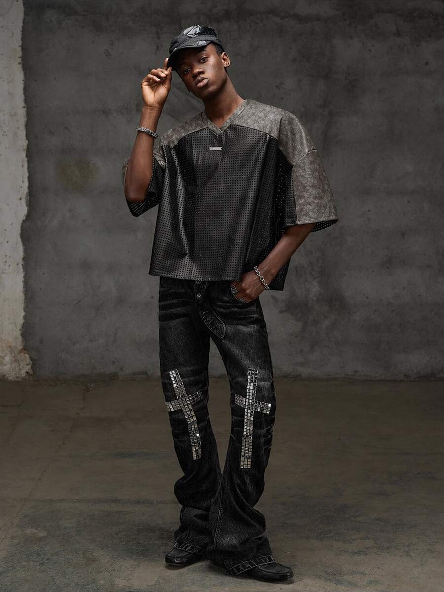 NEON BLANC Men's PU Mesh Casual Streetwear Techno Versatile Daily Wear T-Shirt Club Night Going Out Rave Black Summer Mens Graphic Tees - Brown - View 1