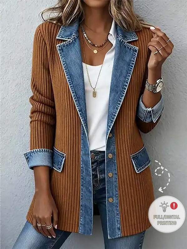 SHEIN Blazer Wanita Musim Gugur Efek Denim dengan Kerah Kontras, Bahan Korduroi Tenun Bergaris Lengan Panjang Kancing Depan dengan Saku, Gaya Kasual Streetwear untuk Perjalanan, Warna Cokelat dan Biru