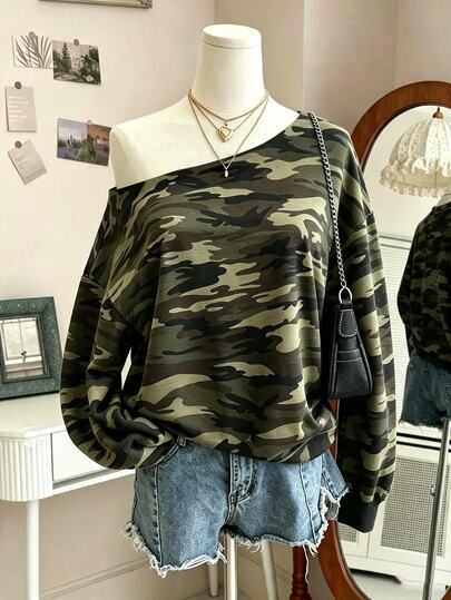Lalippa Cool Camouflage Asymmetrical Shoulder Long Sleeve Sweatshirt, Loose Slouchy Versatile Daily Wear