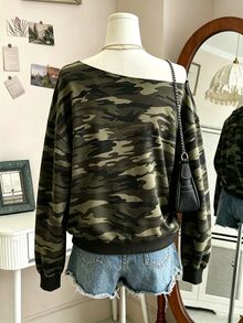 Lalippa Cool Camouflage Asymmetrical Shoulder Long Sleeve Sweatshirt, Loose Slouchy Versatile Daily Wear - Multicolor - View 2