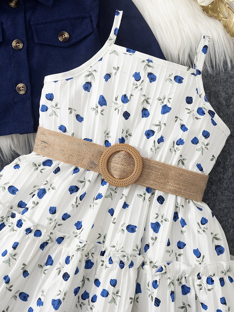 SHEIN Elladie kids Young Girls Girls' Royal Blue Corduroy Jacket And Floral Dress Set For Autumn And Winter-Stylish, Comfortable, And Suitable For Various Occasions. - Royal Blue - View 4