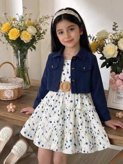 SHEIN Elladie kids Young Girls Girls' Royal Blue Corduroy Jacket And Floral Dress Set For Autumn And Winter-Stylish, Comfortable, And Suitable For Various Occasions.