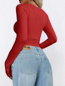 SHEIN Women Casual Round Neck Fitted Long Sleeve T-Shirt, Spring/Autumn For New Year Clothes - Red - View 2