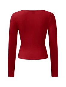 SHEIN Women Casual Round Neck Fitted Long Sleeve T-Shirt, Spring/Autumn For New Year Clothes - Red - View 6
