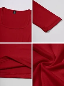 SHEIN Women Casual Round Neck Fitted Long Sleeve T-Shirt, Spring/Autumn For New Year Clothes - Red - View 7