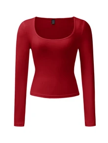 SHEIN Women Casual Round Neck Fitted Long Sleeve T-Shirt, Spring/Autumn For New Year Clothes - Red - View 5