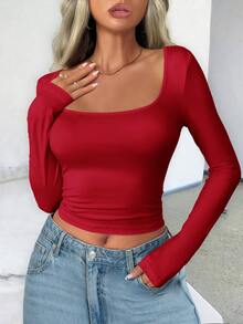 SHEIN Women Casual Round Neck Fitted Long Sleeve T-Shirt, Spring/Autumn For New Year Clothes - Red - View 4