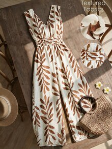 Breezaya Jumpsuit Tanpa Lengan Leher V Motif Bunga untuk Liburan Wanita, Warna Cokelat, Gaya Tropis Musim Panas, Boho - Coklat - View 1