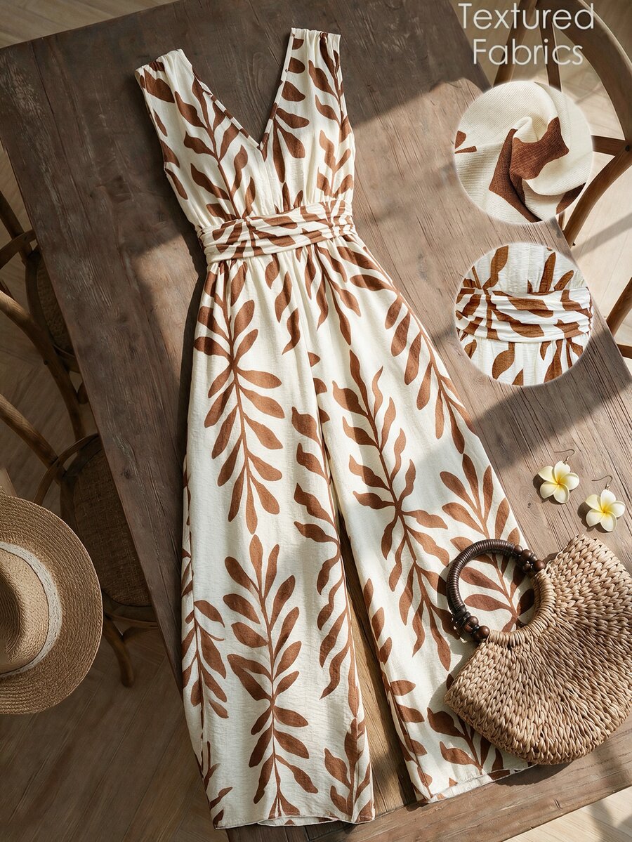 Breezaya Jumpsuit Tanpa Lengan Leher V Motif Bunga untuk Liburan Wanita, Warna Cokelat, Gaya Tropis Musim Panas, Boho - Coklat - View 1