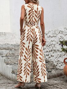 Breezaya Jumpsuit Tanpa Lengan Leher V Motif Bunga untuk Liburan Wanita, Warna Cokelat, Gaya Tropis Musim Panas, Boho - Coklat - View 7