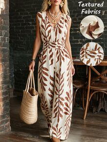 Breezaya Jumpsuit Tanpa Lengan Leher V Motif Bunga untuk Liburan Wanita, Warna Cokelat, Gaya Tropis Musim Panas, Boho - Coklat - View 3