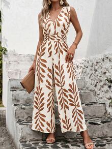 Breezaya Jumpsuit Tanpa Lengan Leher V Motif Bunga untuk Liburan Wanita, Warna Cokelat, Gaya Tropis Musim Panas, Boho - Coklat - View 6