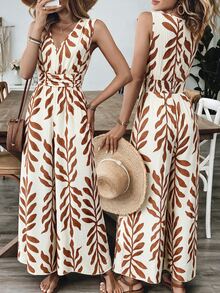 Breezaya Jumpsuit Tanpa Lengan Leher V Motif Bunga untuk Liburan Wanita, Warna Cokelat, Gaya Tropis Musim Panas, Boho - Coklat - View 2