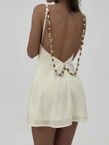 Aloruh Women's Backless Beaded Decor Mini Dress, Vacation - Apricot - View 6