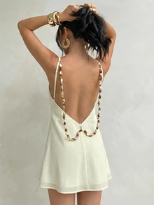 Aloruh Women's Backless Beaded Decor Mini Dress, Vacation - Apricot - View 1
