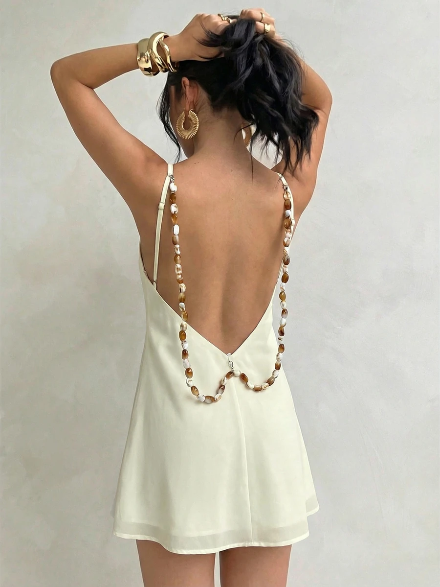Aloruh Women's Backless Beaded Decor Mini Dress, Vacation - Apricot - View 1