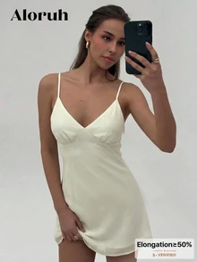 Aloruh Women's Backless Beaded Decor Mini Dress, Vacation - Apricot - View 4