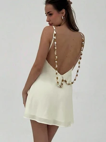 Aloruh Women's Backless Beaded Decor Mini Dress, Vacation - Apricot - View 5