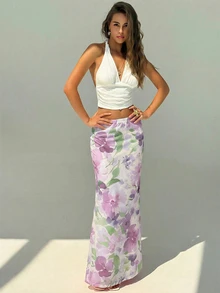 Aloruh Women's Floral Print Elegant Romantic Skirt, Spring/Summer - Purple - View 2