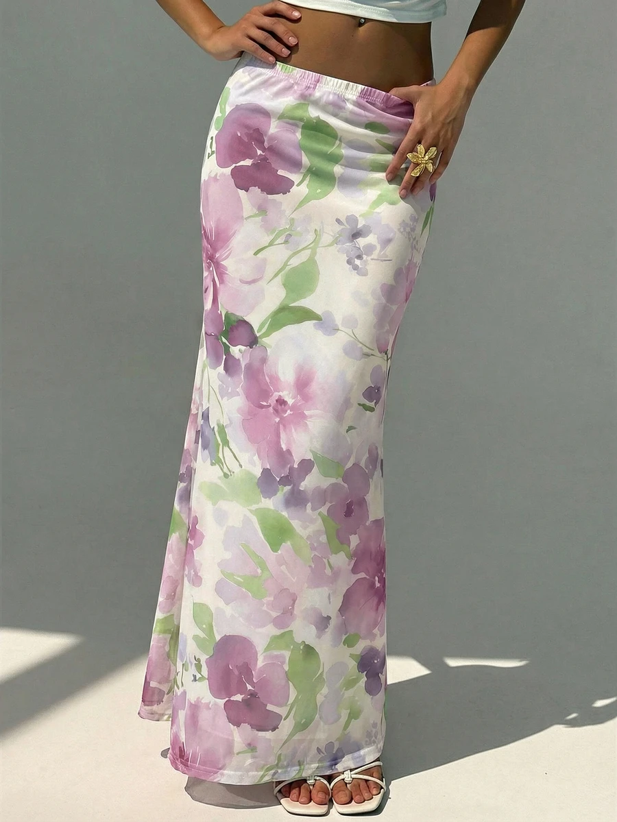 Aloruh Women's Floral Print Elegant Romantic Skirt, Spring/Summer - Purple - View 1