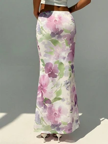 Aloruh Women's Floral Print Elegant Romantic Skirt, Spring/Summer - Purple - View 4