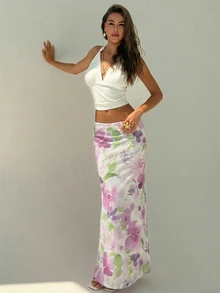 Aloruh Women's Floral Print Elegant Romantic Skirt, Spring/Summer - Purple - View 5