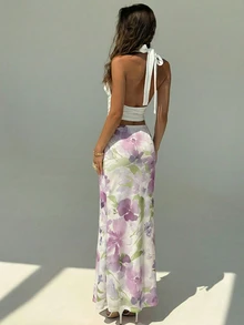 Aloruh Women's Floral Print Elegant Romantic Skirt, Spring/Summer - Purple - View 3
