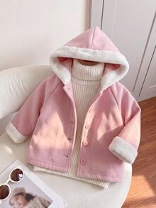SHEIN Playful Pals 1件女嬰粉色與白色連帽落肩長袖羊毛休閒可愛時尚優雅甜美韓風外套，適合春季、秋季、冬季日常外出或室內多用途穿著 - 粉色 - 查看 4
