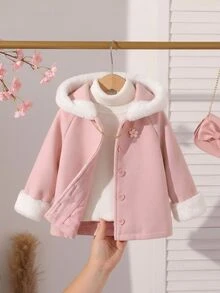 SHEIN Playful Pals 1件女嬰粉色與白色連帽落肩長袖羊毛休閒可愛時尚優雅甜美韓風外套，適合春季、秋季、冬季日常外出或室內多用途穿著 - 粉色 - 查看 11