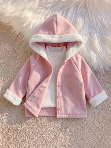 SHEIN Playful Pals 1件女嬰粉色與白色連帽落肩長袖羊毛休閒可愛時尚優雅甜美韓風外套，適合春季、秋季、冬季日常外出或室內多用途穿著 - 粉色 - 查看 5
