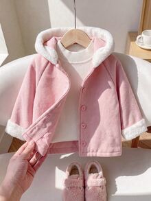 SHEIN Playful Pals 1件女嬰粉色與白色連帽落肩長袖羊毛休閒可愛時尚優雅甜美韓風外套，適合春季、秋季、冬季日常外出或室內多用途穿著 - 粉色 - 查看 7