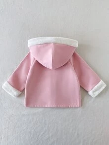 SHEIN Playful Pals 1件女嬰粉色與白色連帽落肩長袖羊毛休閒可愛時尚優雅甜美韓風外套，適合春季、秋季、冬季日常外出或室內多用途穿著 - 粉色 - 查看 2
