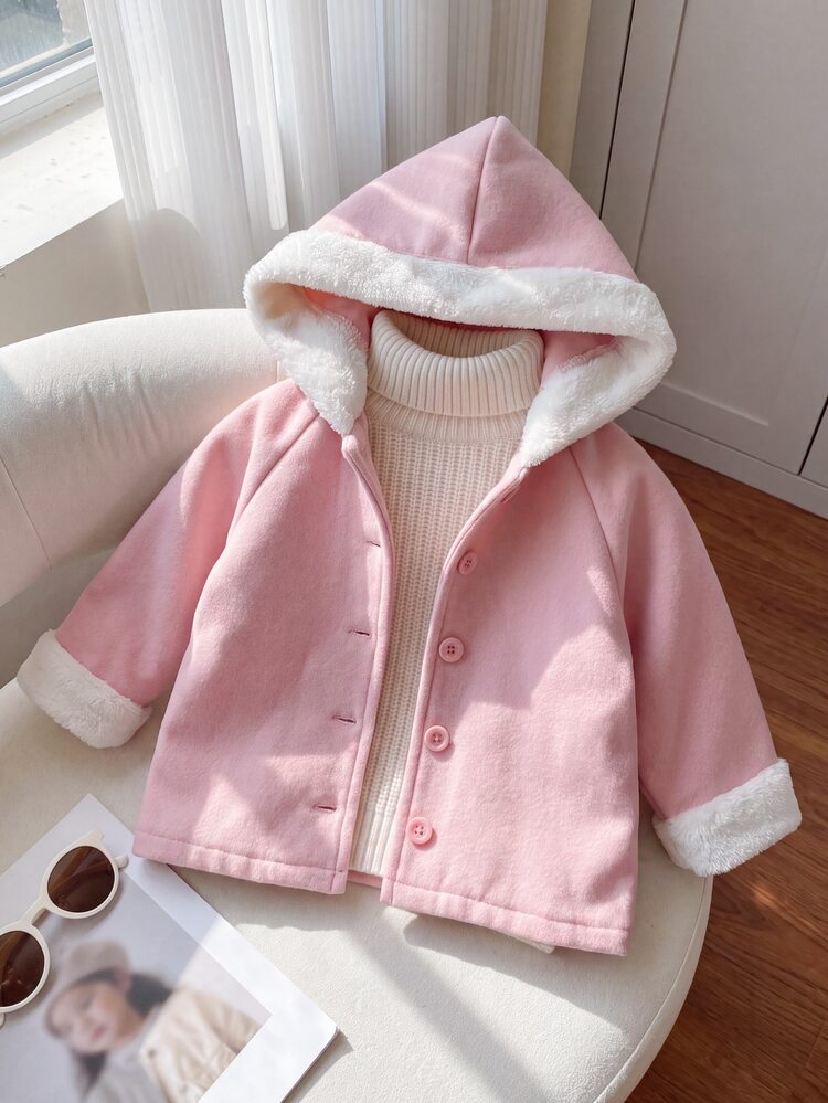 SHEIN Playful Pals 1pc Baby Girl Pink & White Hooded Raglan Sleeve Long Sleeve Woolen Casual Cute Fashion Elegant Sweet Korean Style Jacket, Suitable For Spring, Autumn, Winter Daily Outings Or Indoor Versatile Wear - Pink - View 1