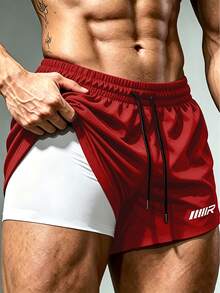 Coreblaze Men's Letter Print Drawstring Waist Double Layer Sports Shorts - Red - View 1