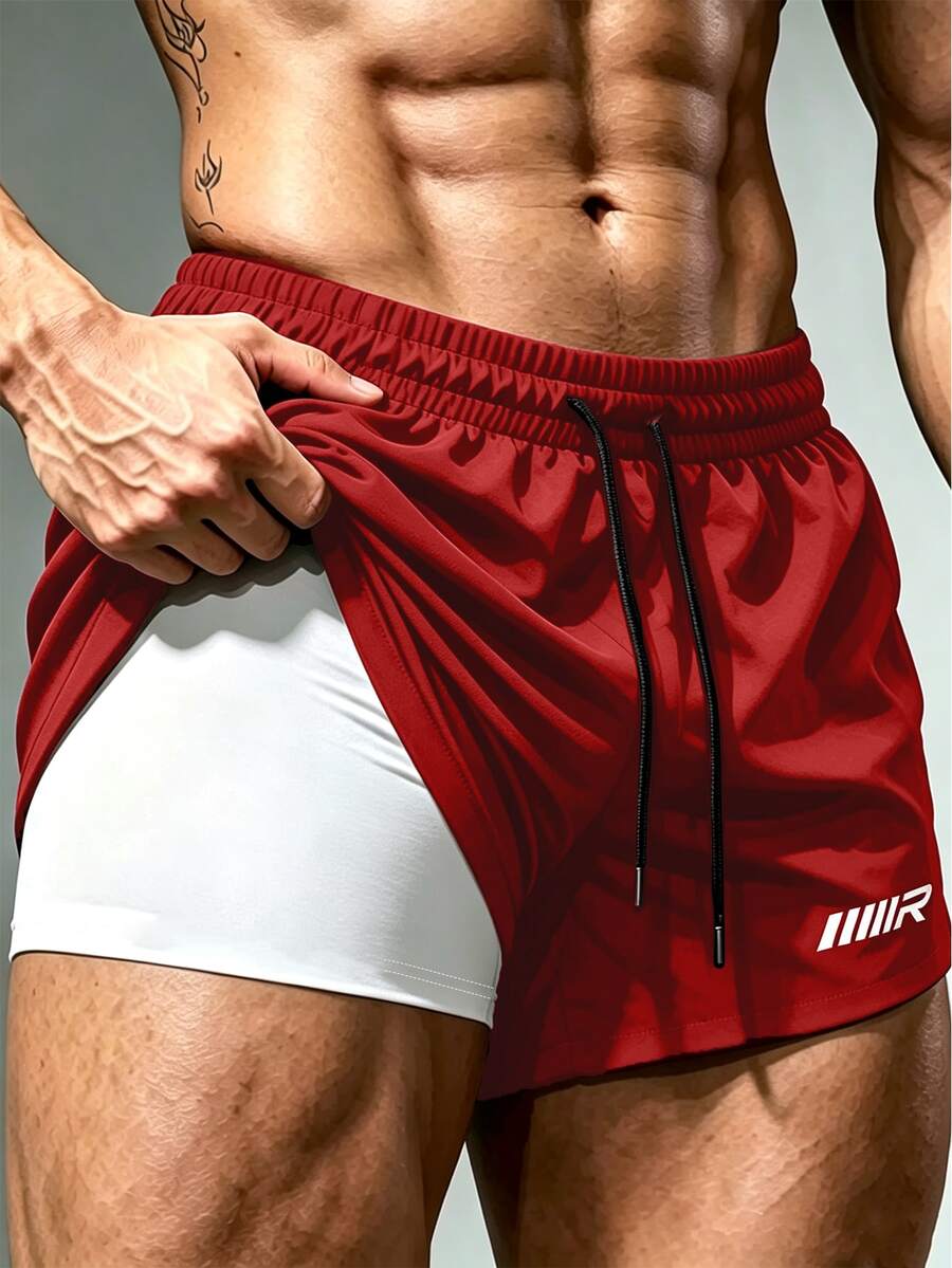 Coreblaze Men's Letter Print Drawstring Waist Double Layer Sports Shorts - Red - View 1