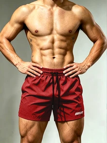 Coreblaze Men's Letter Print Drawstring Waist Double Layer Sports Shorts - Red - View 5
