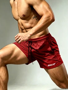 Coreblaze Men's Letter Print Drawstring Waist Double Layer Sports Shorts - Red - View 3