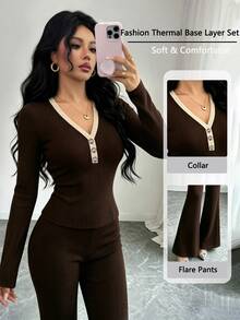 Elenzga Dark Brown Ribbed V-Neck Button-Down Cinched Waist Long Sleeve Top & Mid-Waist Drapey Flared Pants Casual Women 2 Pieces Set - Multicolor - View 2