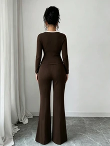 Elenzga Dark Brown Ribbed V-Neck Button-Down Cinched Waist Long Sleeve Top & Mid-Waist Drapey Flared Pants Casual Women 2 Pieces Set - Multicolor - View 6
