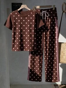 Comfortcana Women's Polka Dot Print Short Sleeve T-Shirt And Drawstring Waist Long Pants Casual 2-Piece Set - Brown - View 6