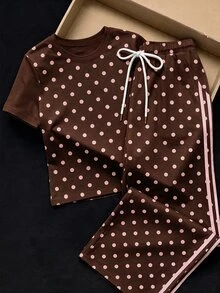 Comfortcana Women's Polka Dot Print Short Sleeve T-Shirt And Drawstring Waist Long Pants Casual 2-Piece Set - Brown - View 4