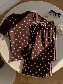 Comfortcana Women's Polka Dot Print Short Sleeve T-Shirt And Drawstring Waist Long Pants Casual 2-Piece Set - Brown - View 3
