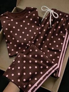 Comfortcana Women's Polka Dot Print Short Sleeve T-Shirt And Drawstring Waist Long Pants Casual 2-Piece Set - Brown - View 1