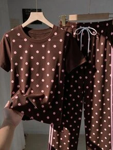 Comfortcana Women's Polka Dot Print Short Sleeve T-Shirt And Drawstring Waist Long Pants Casual 2-Piece Set - Brown - View 5
