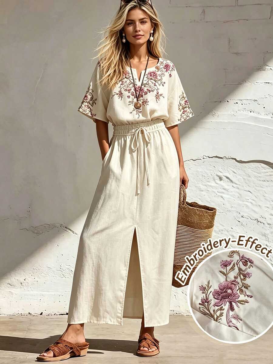 SHEIN Holidaya Women's Pink Floral Floral Print V Neck Split Maxi Dress, Boho Drawstring Waist Dress For Spring Summer Be Picnic Vacation - Apricot - View 1